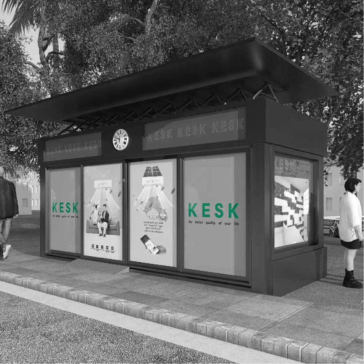 Graphic of a street booth, that has KESK advertisement on it.